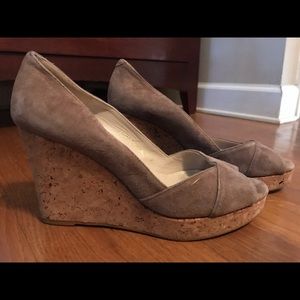 Boden, taupe suede peep toe cork wedges. Size 39